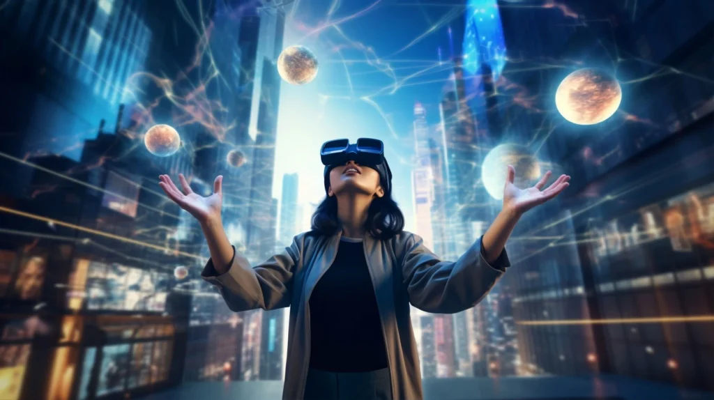 A woman with VR headset in a futuristic city