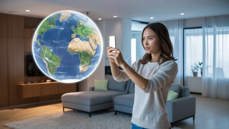 Woman using her smartphone that is projecting Earth