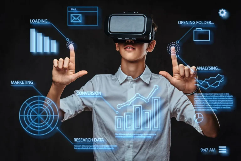 teenager using virtual reality glasses with AI technology concept