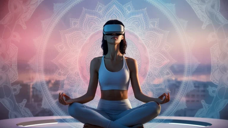 woman meditating with a VR headset